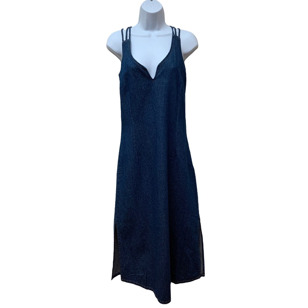 Vintage Y2K Fitted Maxi Cotton Denim Jean Strappy Racerback Dress Fit S/M